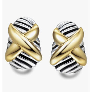 Earrings Silver and Gold Tone Cross Over Pierced Designer Inspired Mixed Metal